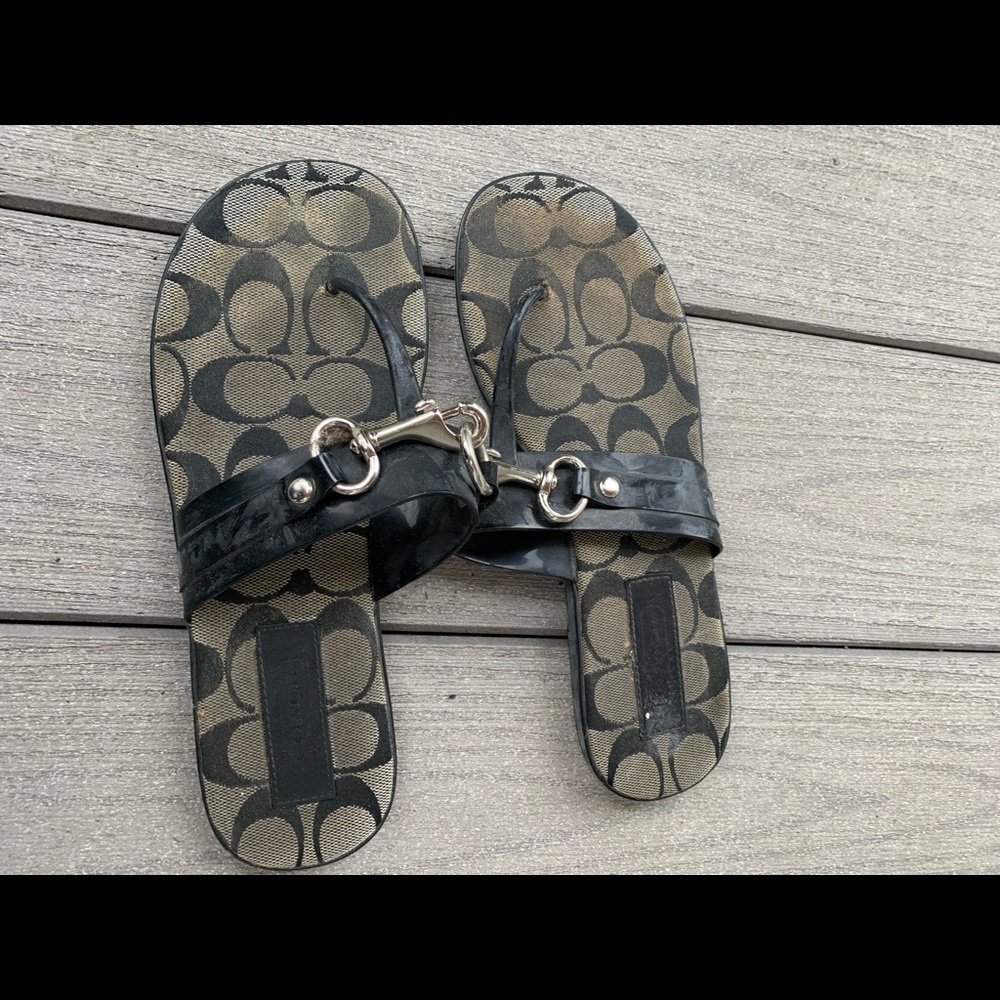 Coach Rikki Jelly Flat Thong Black and Silver Sandals w/ Logo & Buckle / Clasp - Picture 2 of 4
